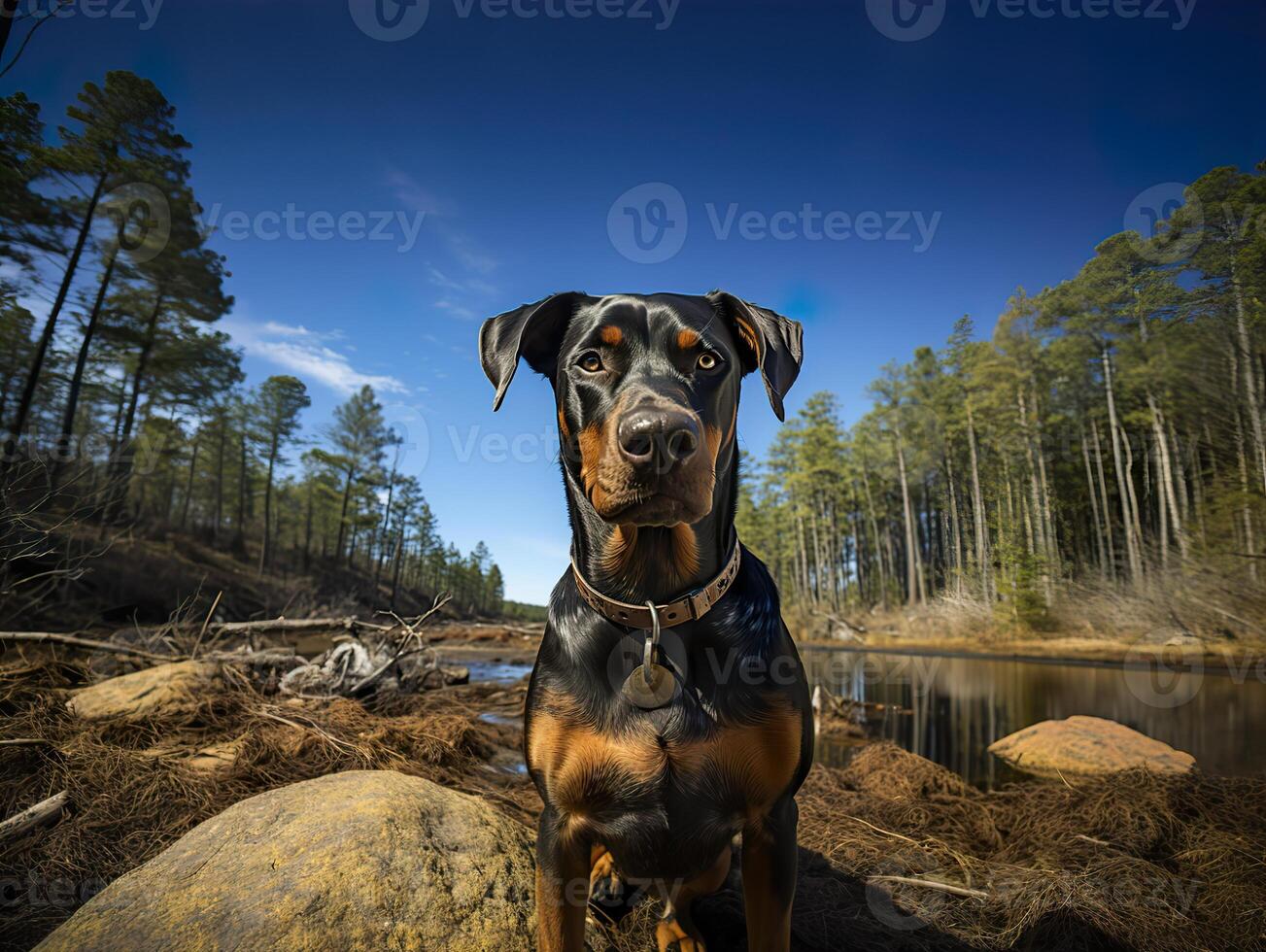 AI generated doberman stands on the street and looks at the camera, Generative AI photo