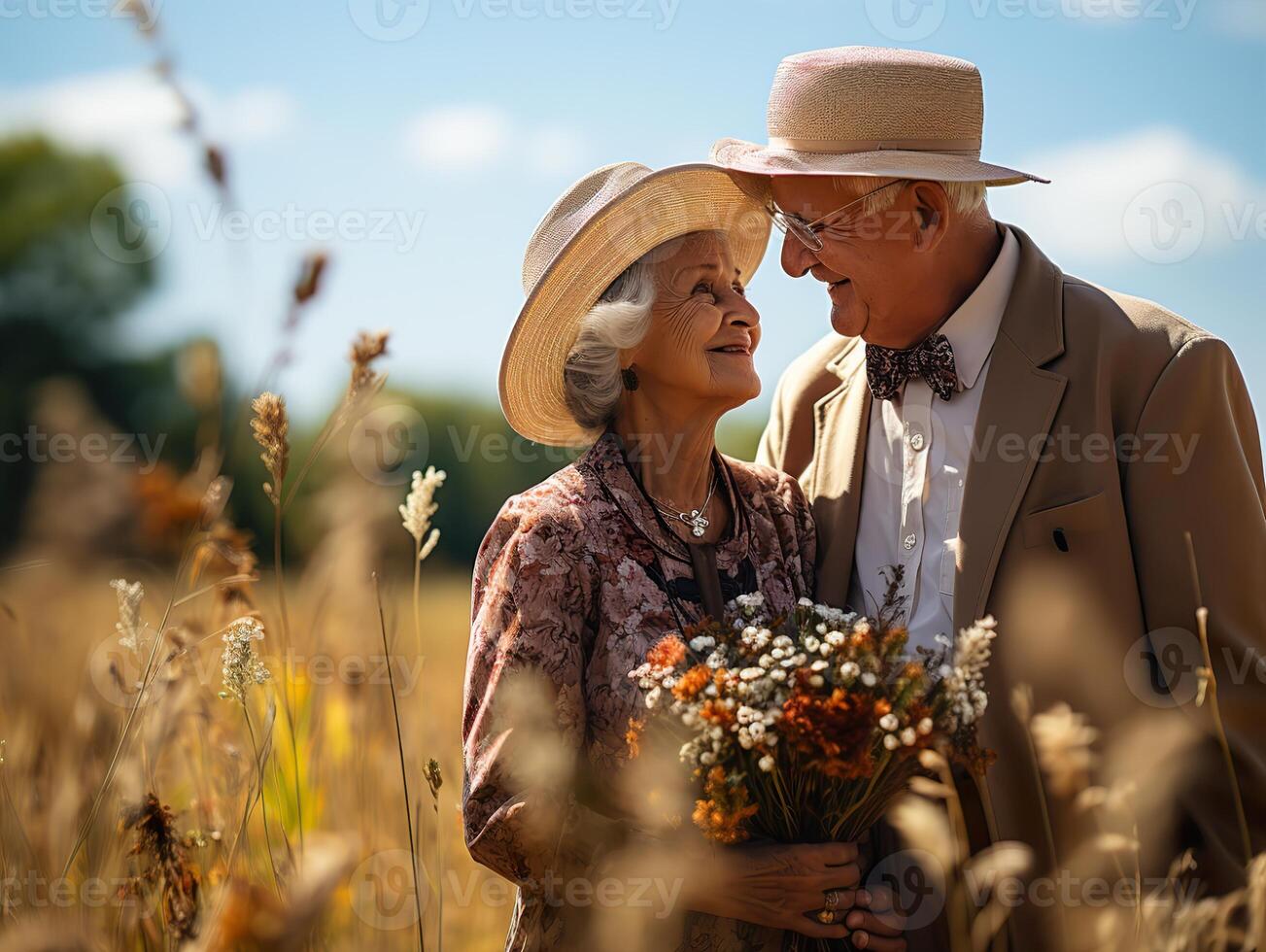 ai generado mayor Pareja en amor caminando en naturaleza generativo ai foto