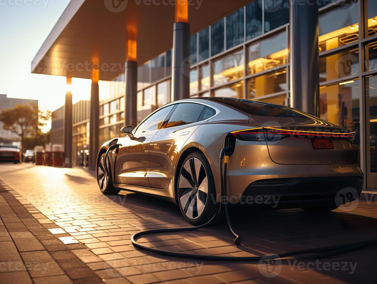 AI generated the car is standing at the electric charging station being charged Generative AI photo