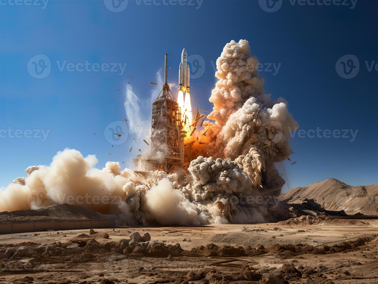 AI generated taking off rocket against the blue sky Generative AI photo