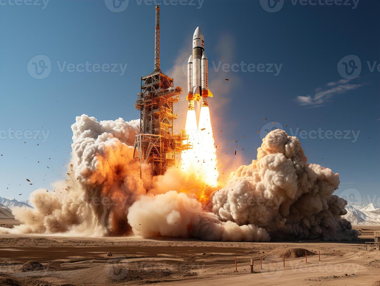 AI generated taking off rocket against the blue sky Generative AI photo