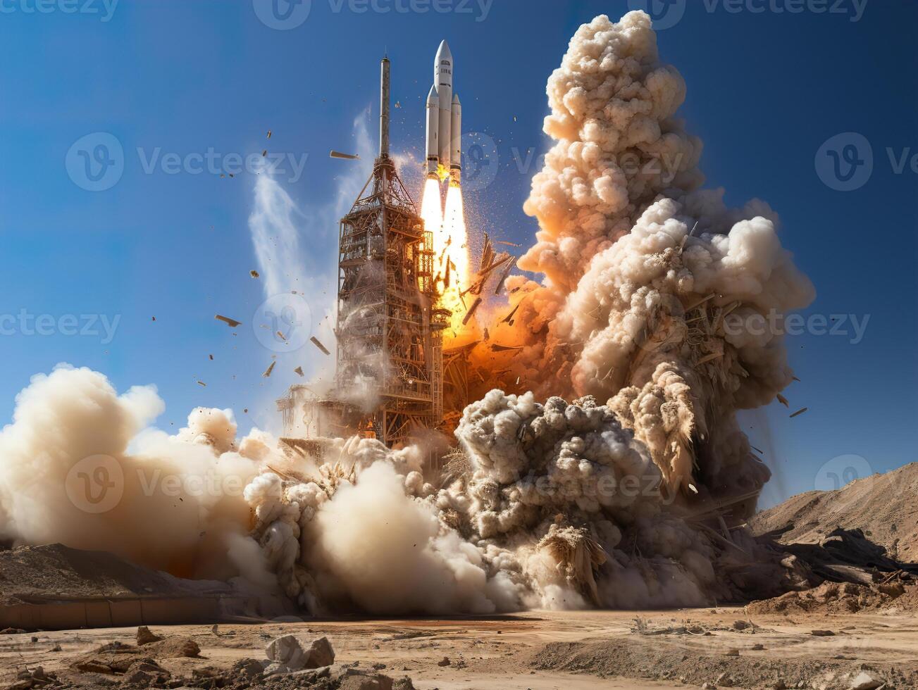 AI generated taking off rocket against the blue sky Generative AI photo