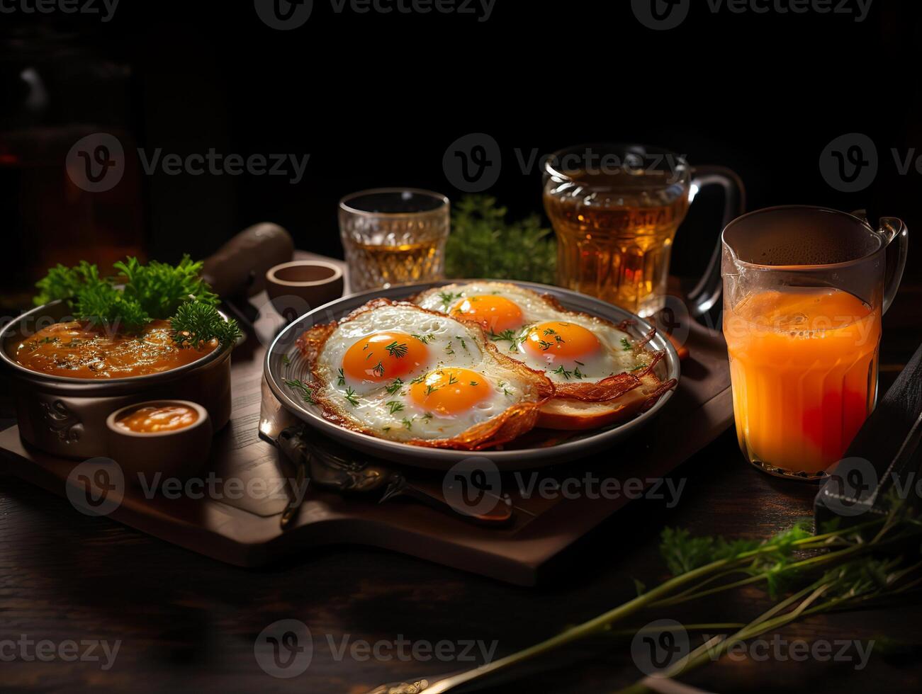 AI generated fried eggs with vegetables and a glass of orange juice Generative AI photo