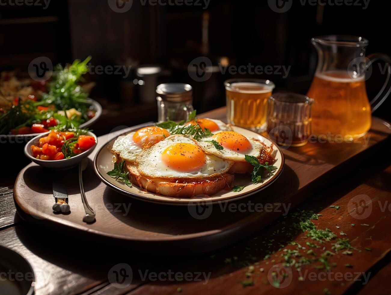 AI generated fried eggs with vegetables and a glass of orange juice Generative AI photo
