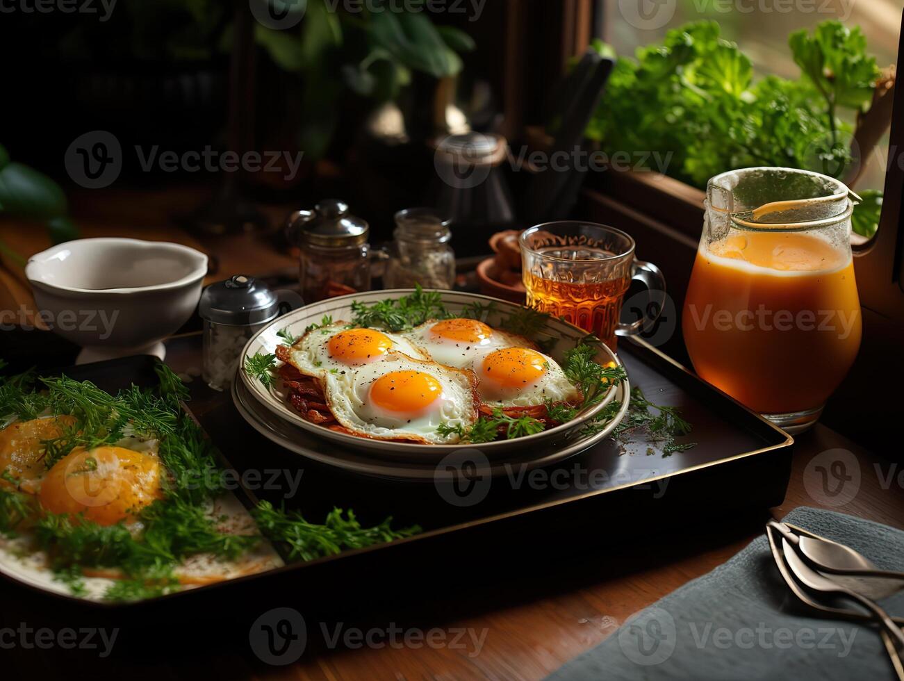 AI generated fried eggs with vegetables and a glass of orange juice Generative AI photo