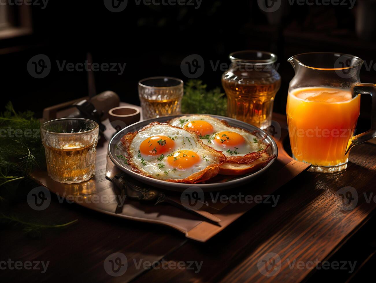 AI generated fried eggs with vegetables and a glass of orange juice Generative AI photo