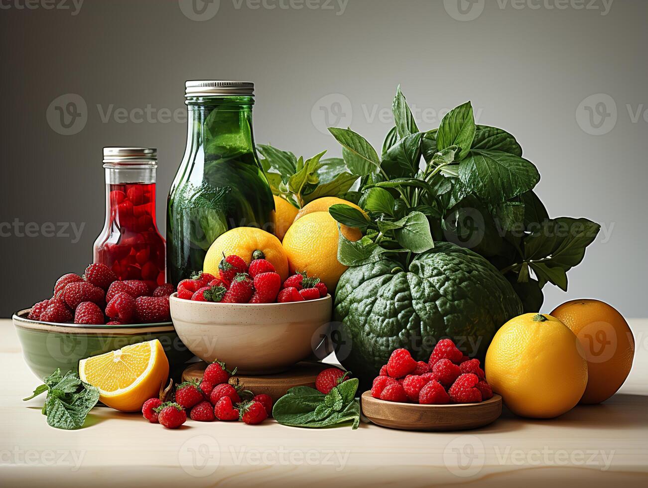 AI generated fruits and berries citruses a bottle of natural juice, Generative AI photo