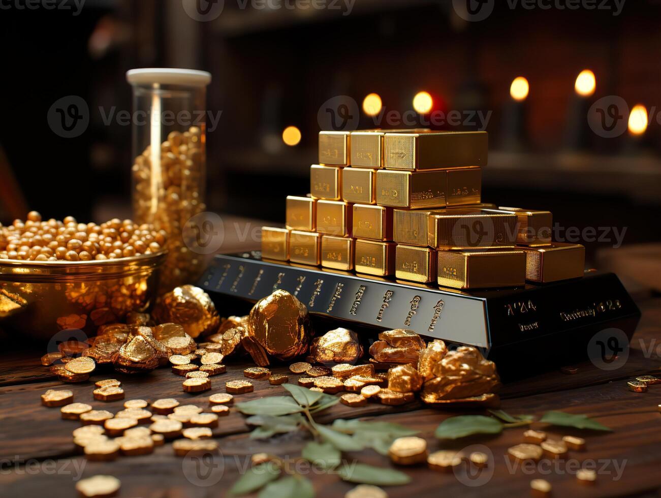 AI generated gold bars on a blurred background Generative AI photo