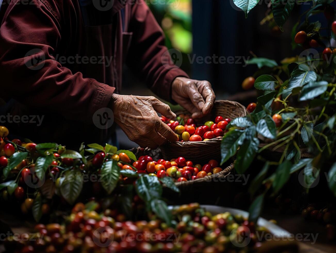 ai generado mano cosecha café de cerca generativo ai foto