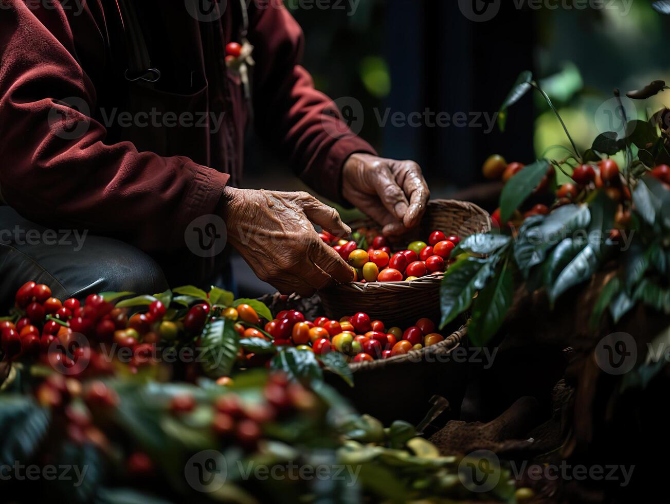 ai generado mano cosecha café de cerca generativo ai foto