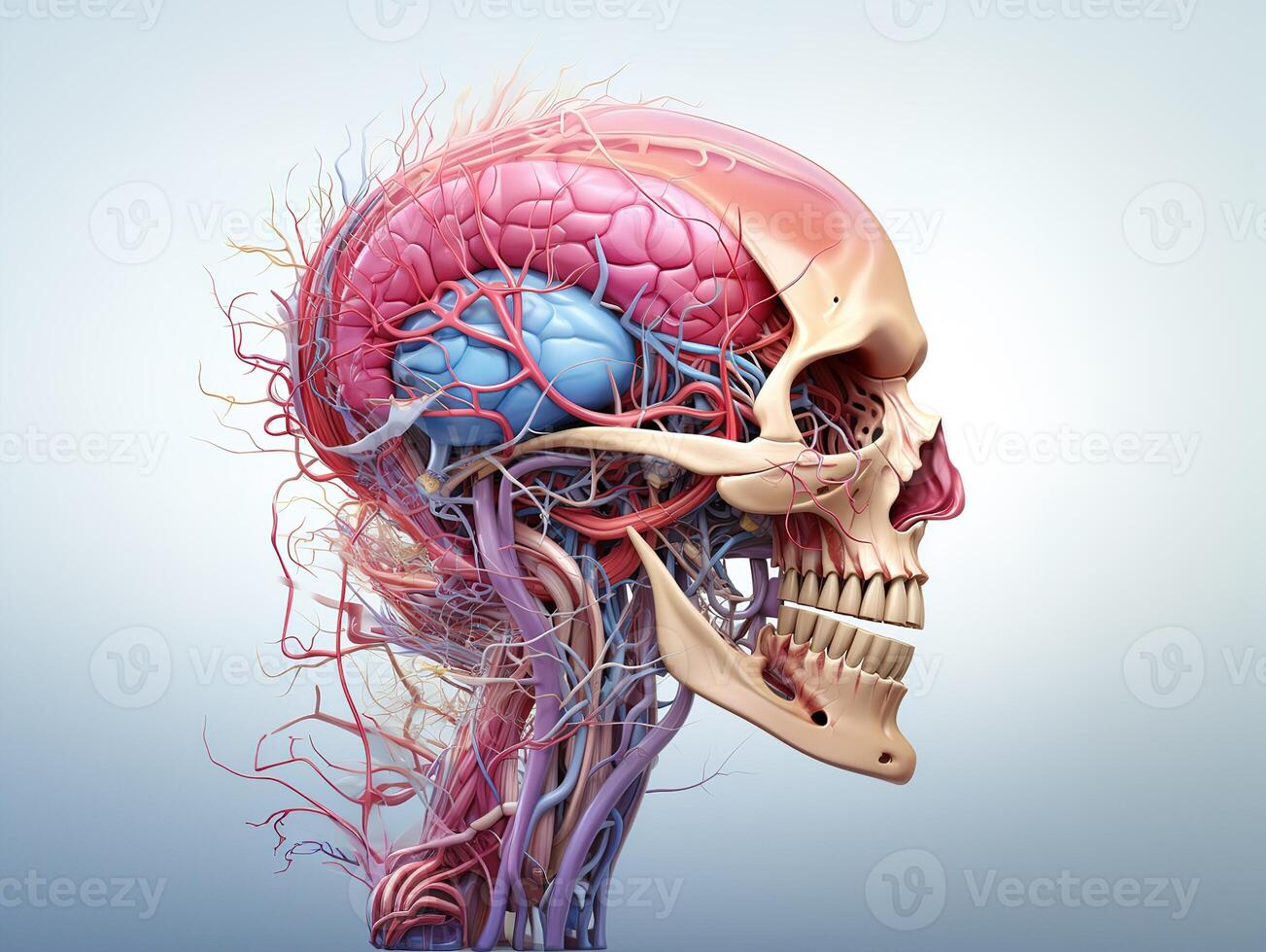 AI generated human skull with brains and circulatory system Generative AI photo