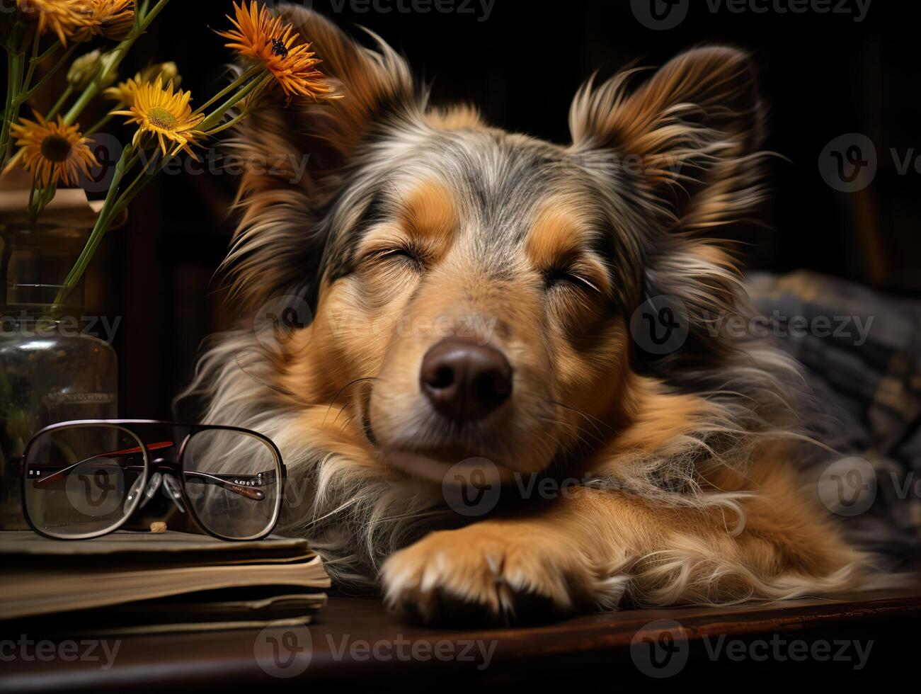 AI generated sleeping dog with book and glasses on blurred background Generative AI photo