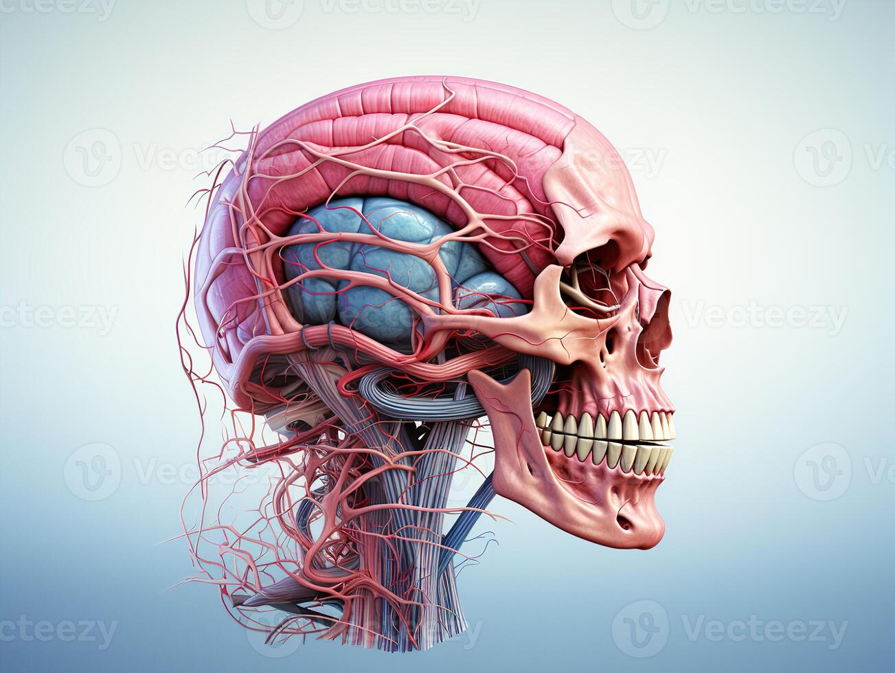 AI generated human skull with brains and circulatory system Generative AI photo