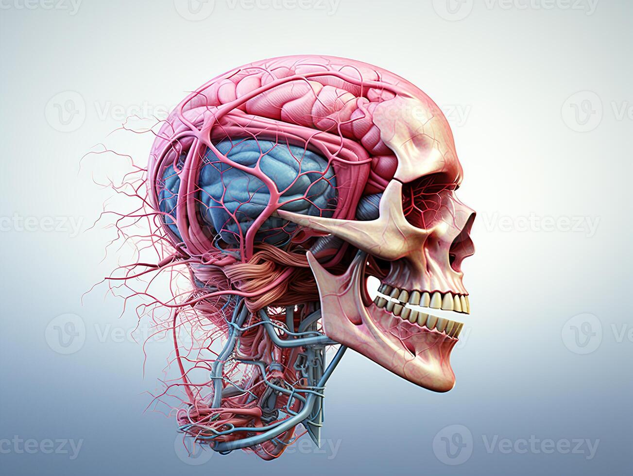 AI generated human skull with brains and circulatory system Generative AI photo