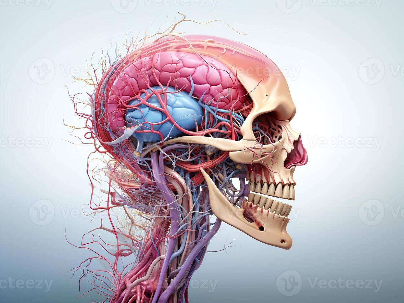 AI generated human skull with brains and circulatory system Generative AI photo