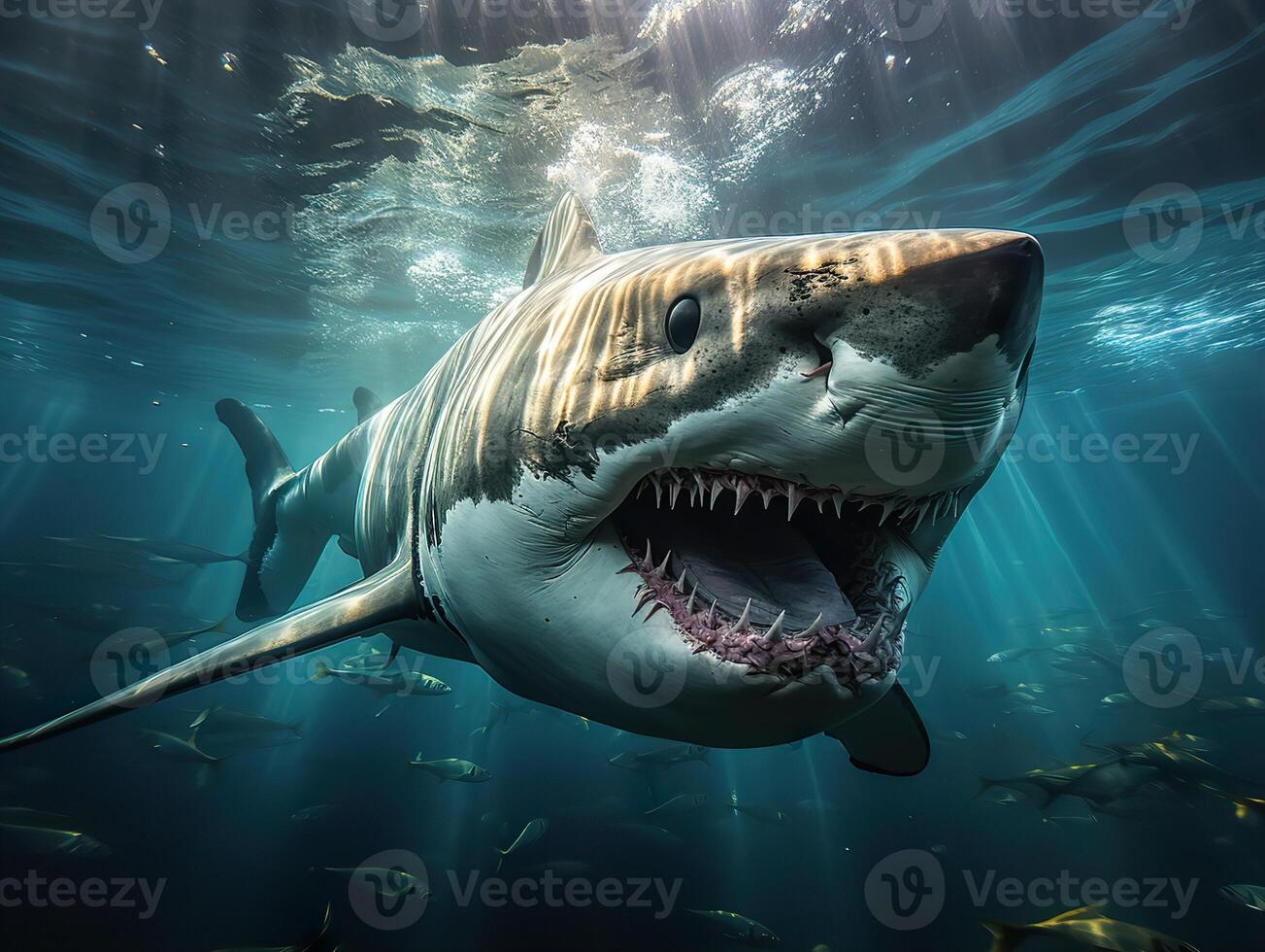 AI generated shark with open mouth swims underwater Generative AI photo