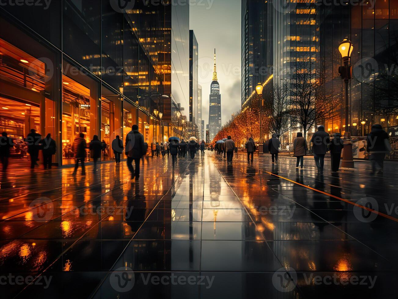 AI generated people on the streets of the evening city Reflection Generative AI photo