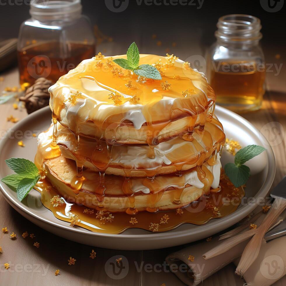 AI generated pancakes fritters poured with honey in a plate on a blurred background Generative AI photo