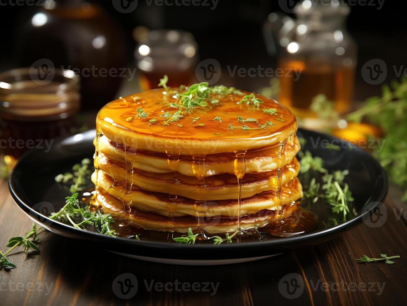 AI generated pancakes fritters poured with honey in a plate on a blurred background Generative AI photo