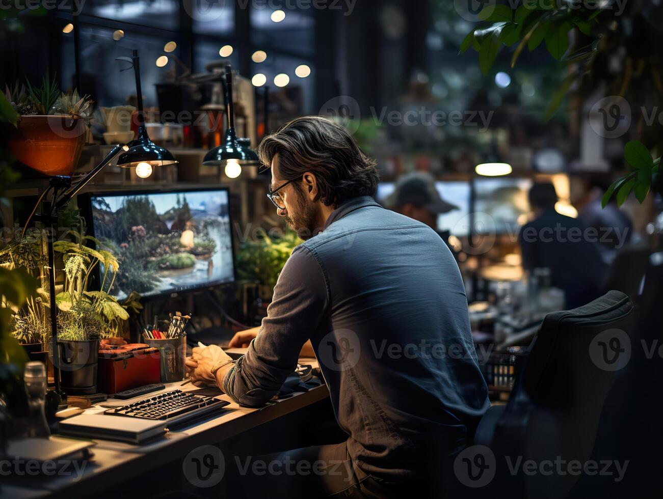 ai generado hombre trabajando en el oficina generativo ai foto