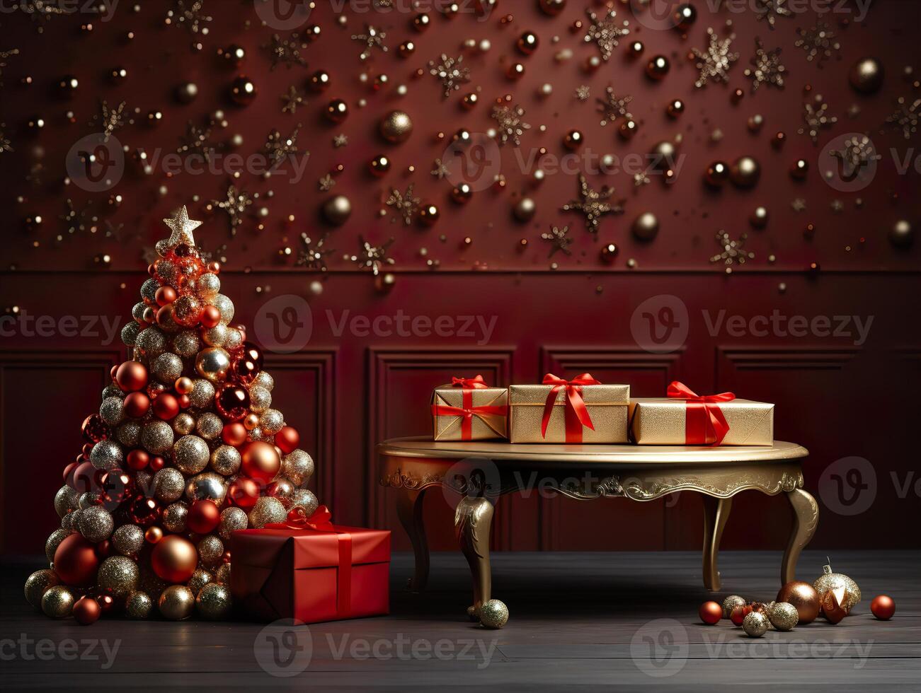 AI generated Christmas background with New Year's toys and gifts Generative AI photo