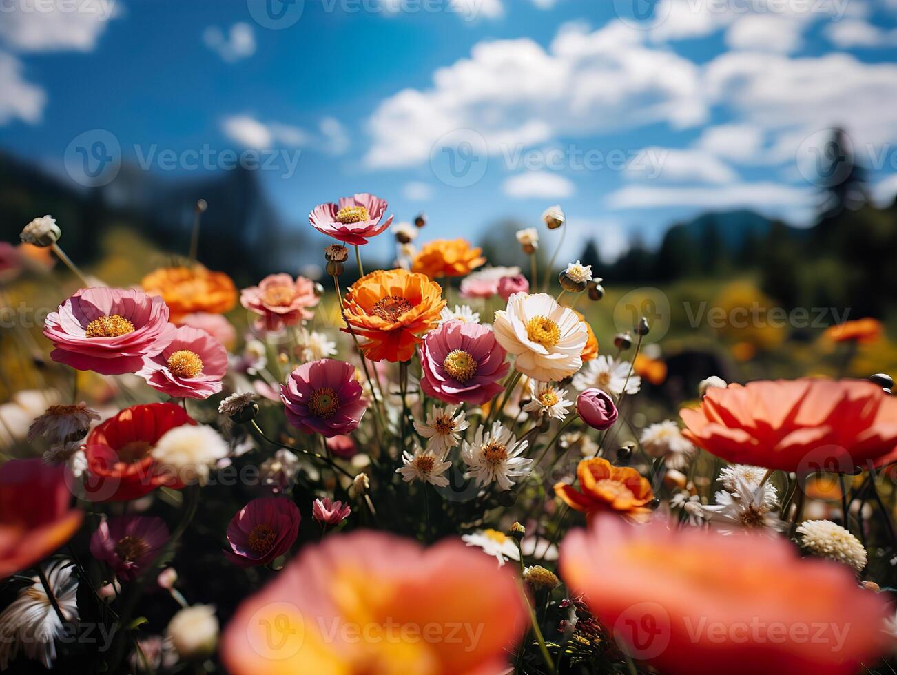 AI generated spring flowers on blurred background Generative AI photo