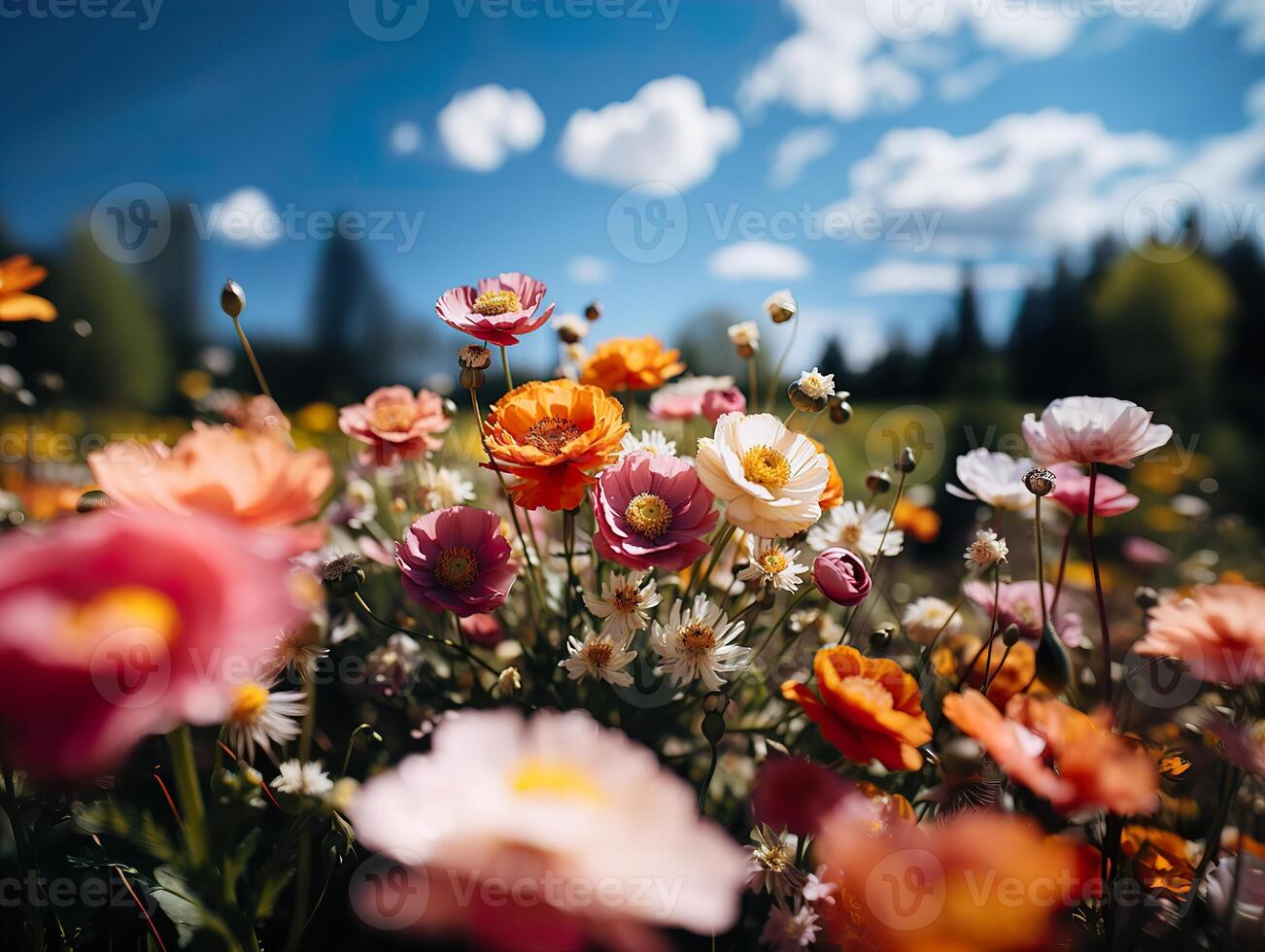AI generated spring flowers on blurred background Generative AI photo