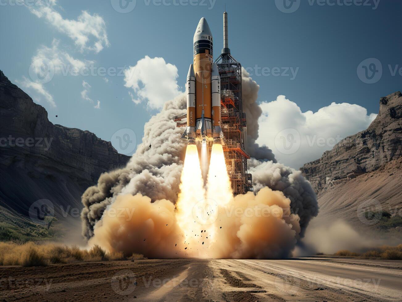 AI generated rocket takeoff against the sky Generative AI photo