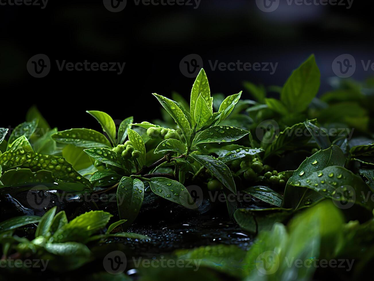 ai generado verde té hojas en Rocío generativo ai foto