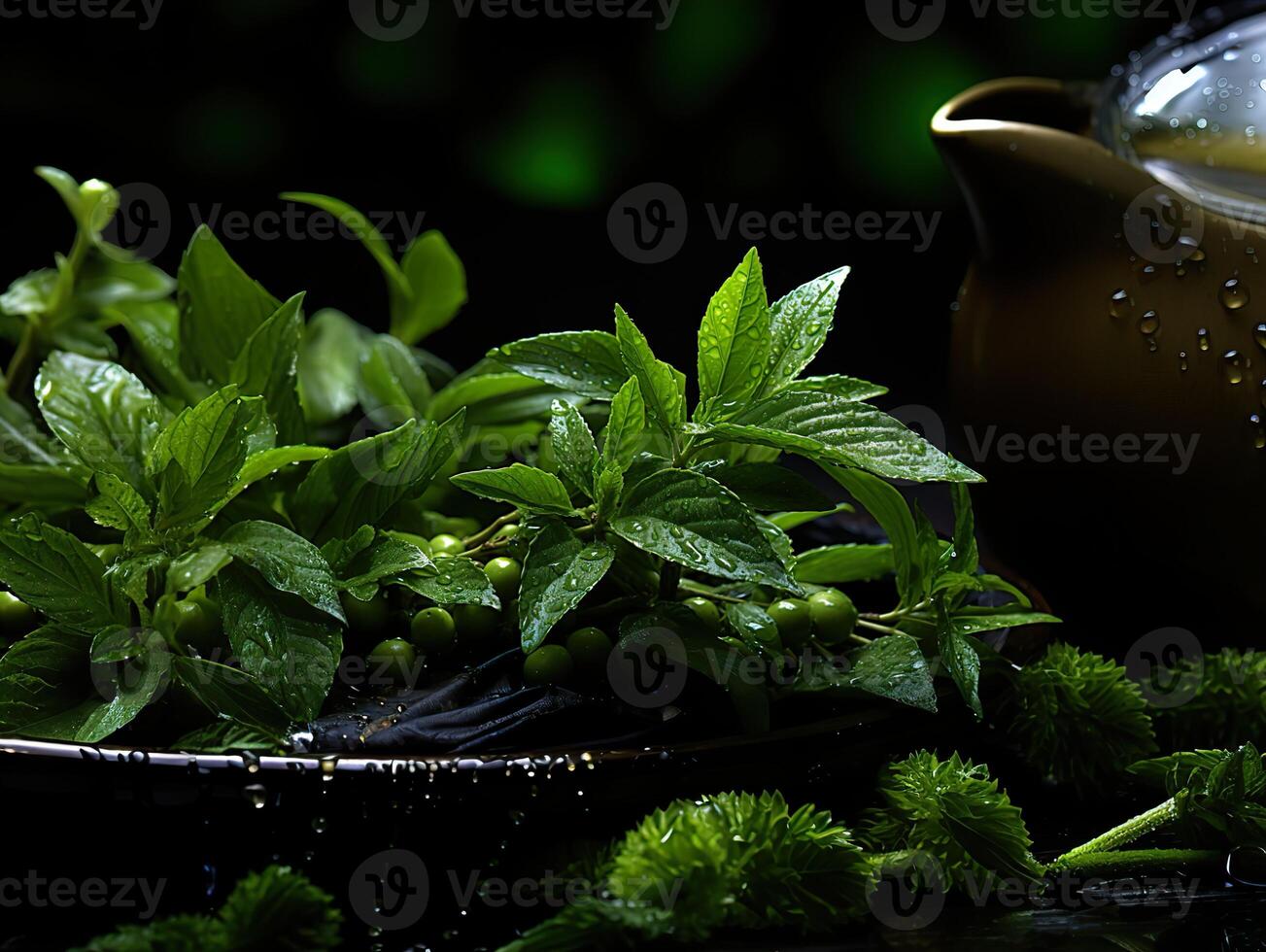 AI generated green tea leaves in dew Generative AI photo