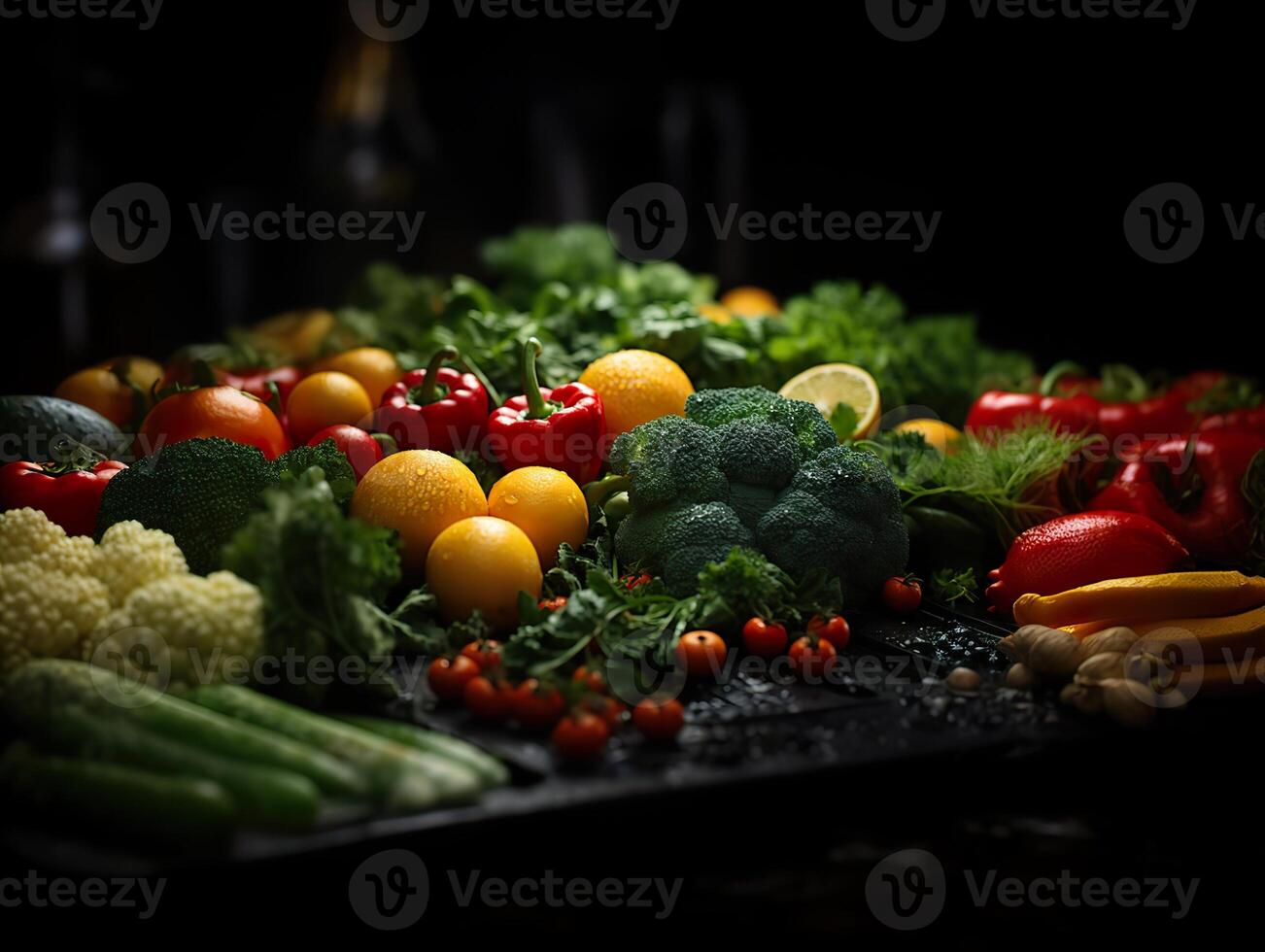 AI generated Assorted vegetables and fruits on a dark background Generative AI photo