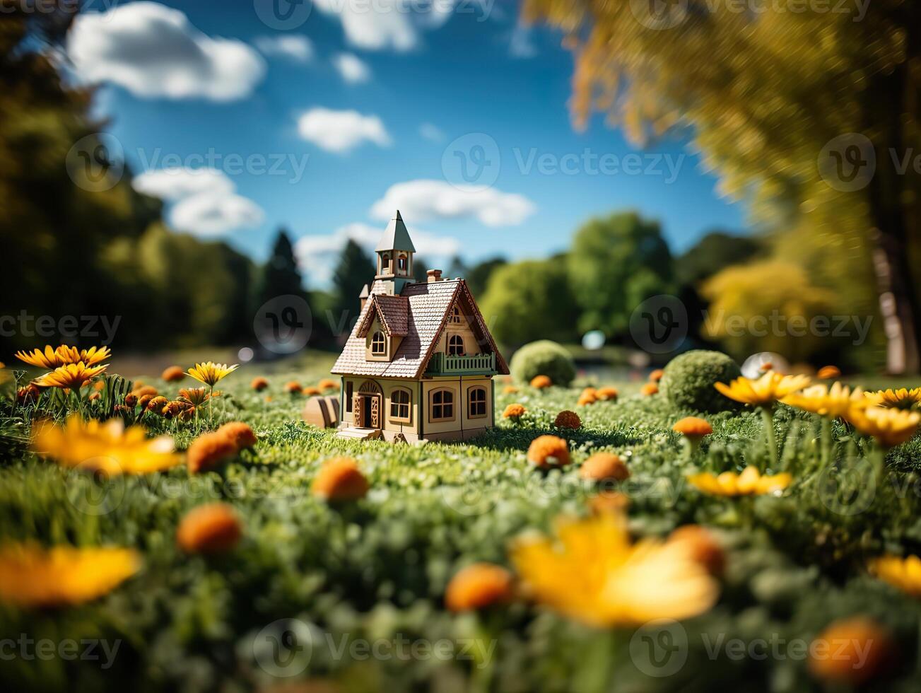 AI generated toy house on the grass on a blurred background Generative AI photo