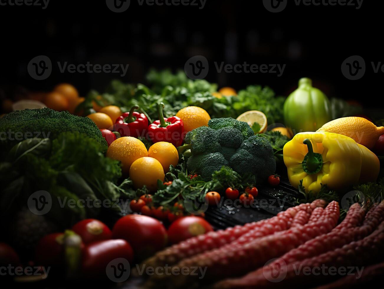 AI generated Assorted vegetables and fruits on a dark background Generative AI photo