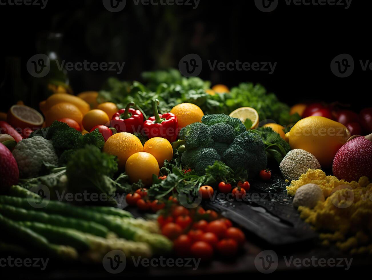 AI generated Assorted vegetables and fruits on a dark background Generative AI photo