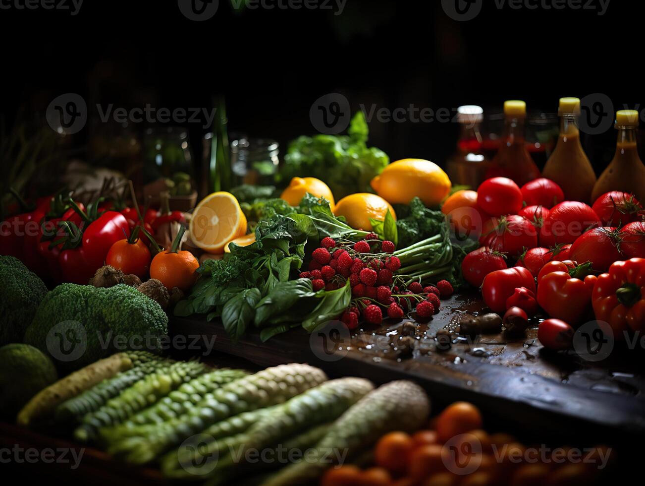 AI generated Assorted vegetables and fruits on a dark background Generative AI photo