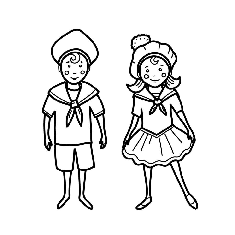 Cute little sailor boy and girl in a marine suit. Nautical illustration for children in doodle style. Hand drawn on a white background. vector