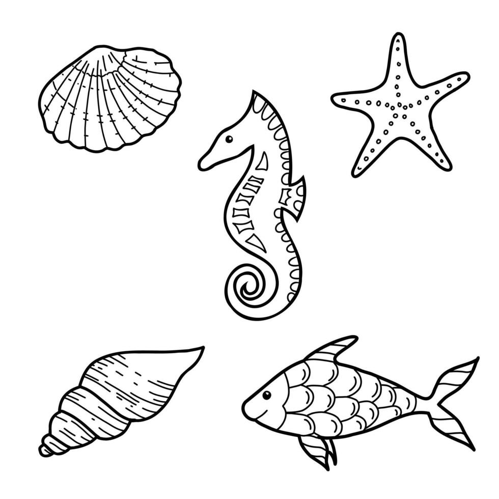 mar vida colocar. mano dibujado mar conchas, estrella, caballo y pescado ilustraciones en garabatear estilo. bosquejo aislado en blanco antecedentes. marina submarino diseño elementos. verano mar clipart. vector