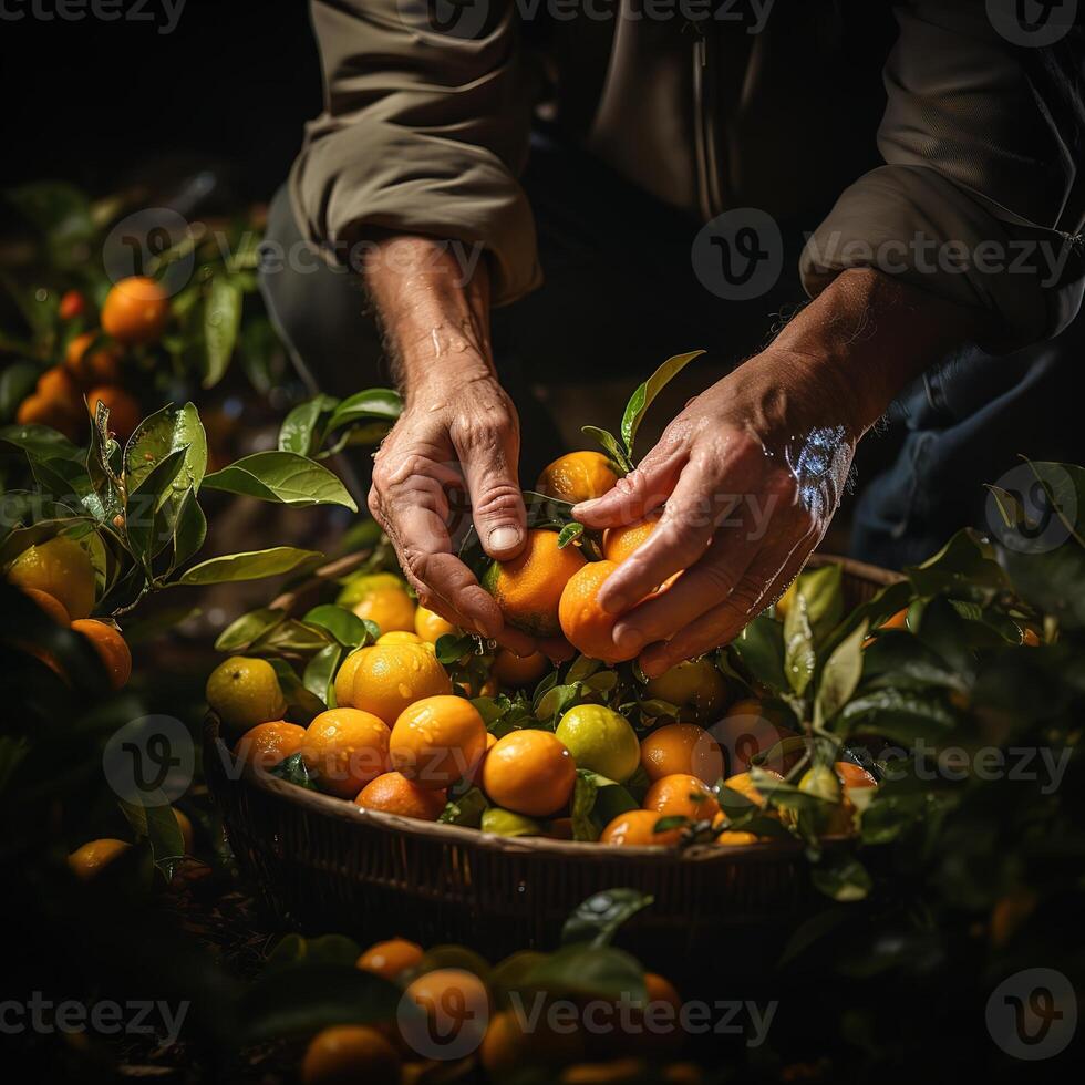 AI generated picking citrus close-up Generative AI photo