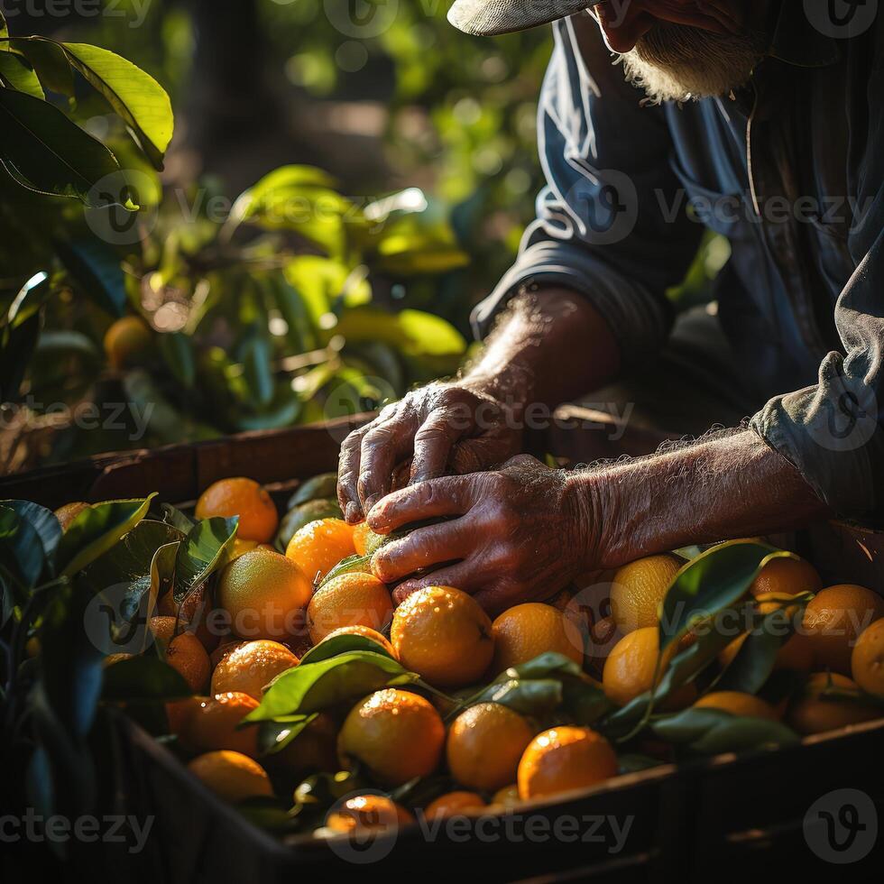 AI generated picking citrus close-up Generative AI photo