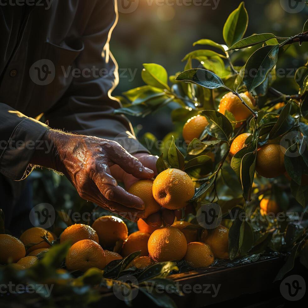 AI generated picking citrus close-up Generative AI photo