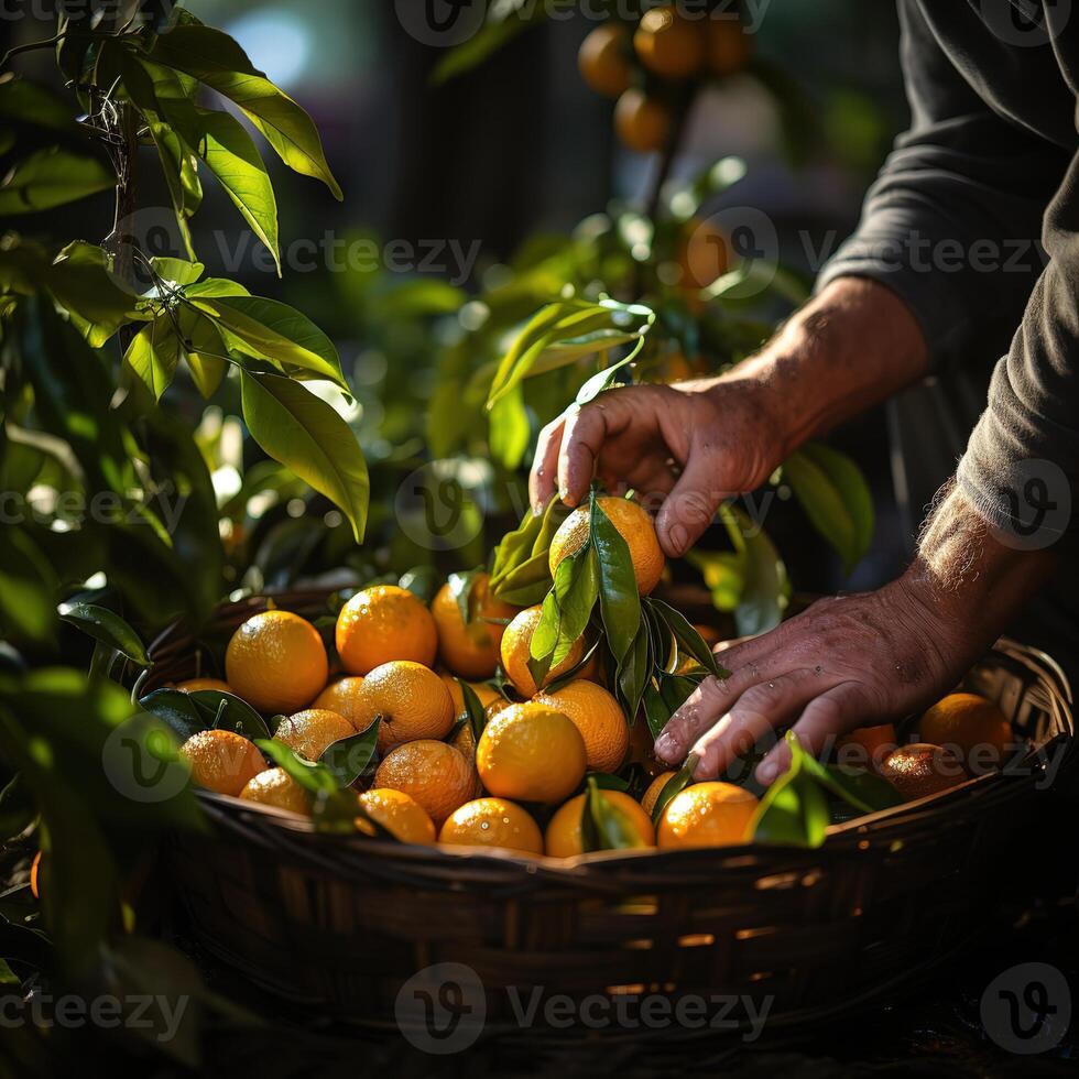 AI generated picking citrus close-up Generative AI photo