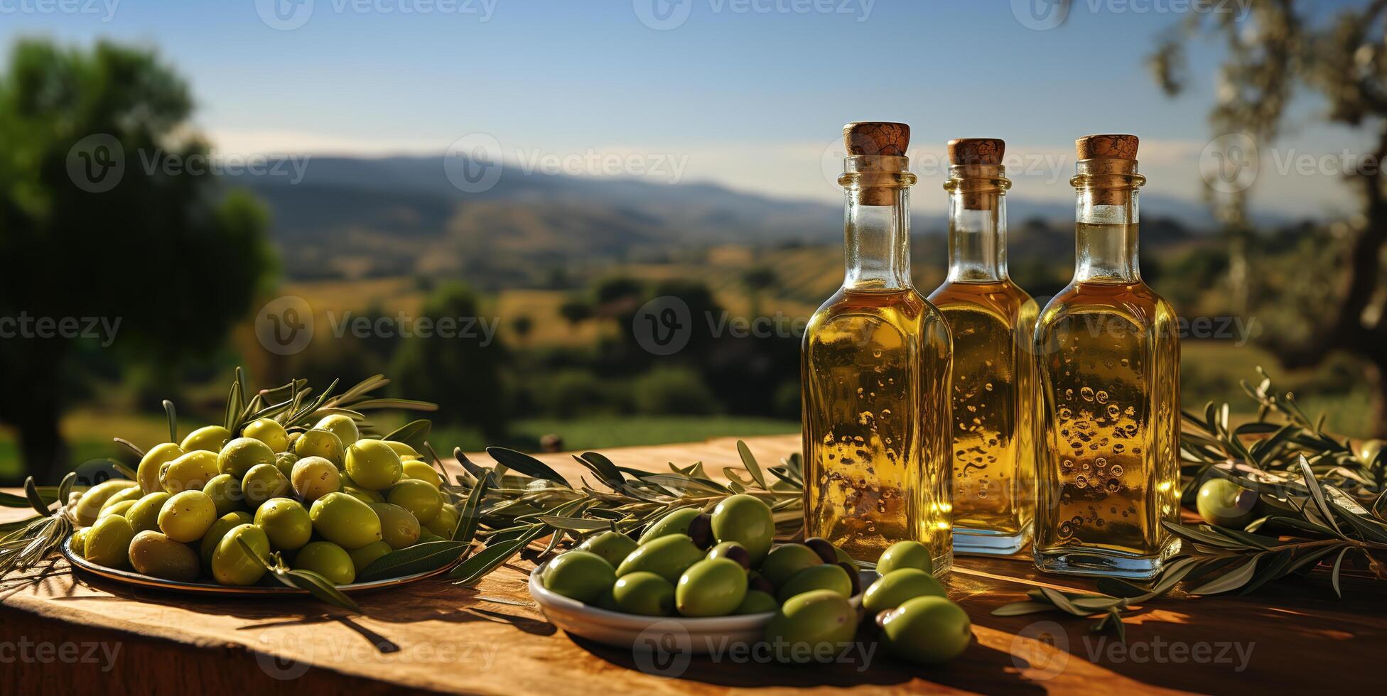 AI generated green olives and olive oil in glass bottles Generative AI photo