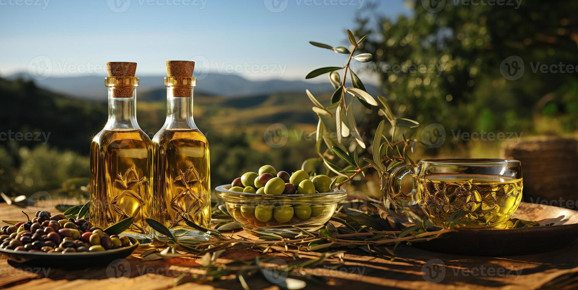 ai generado verde aceitunas y aceituna petróleo en vaso botellas generativo ai foto