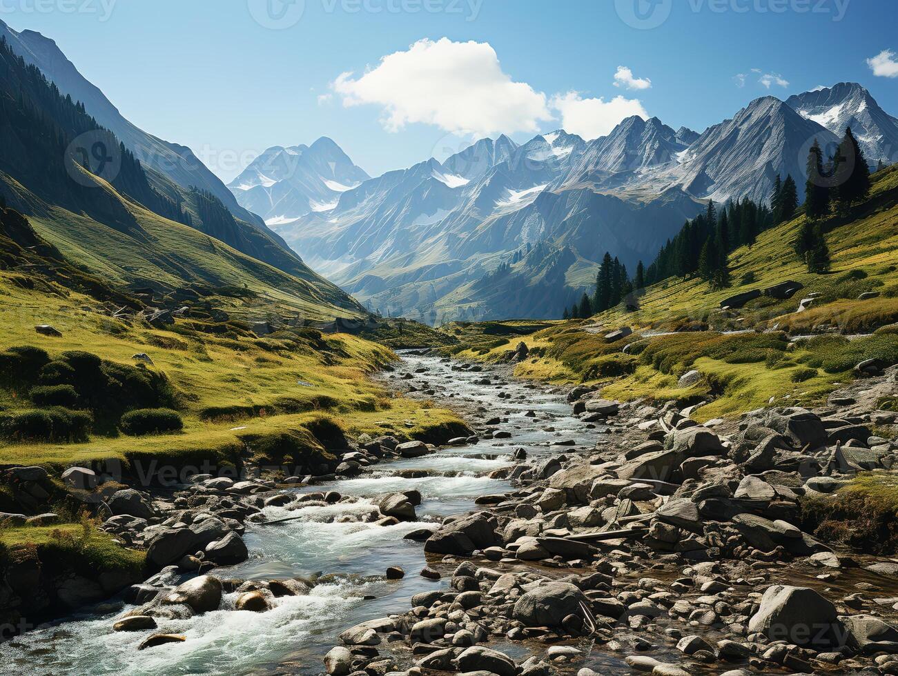 AI generated mountain landscape mountains river blue sky Generative AI photo