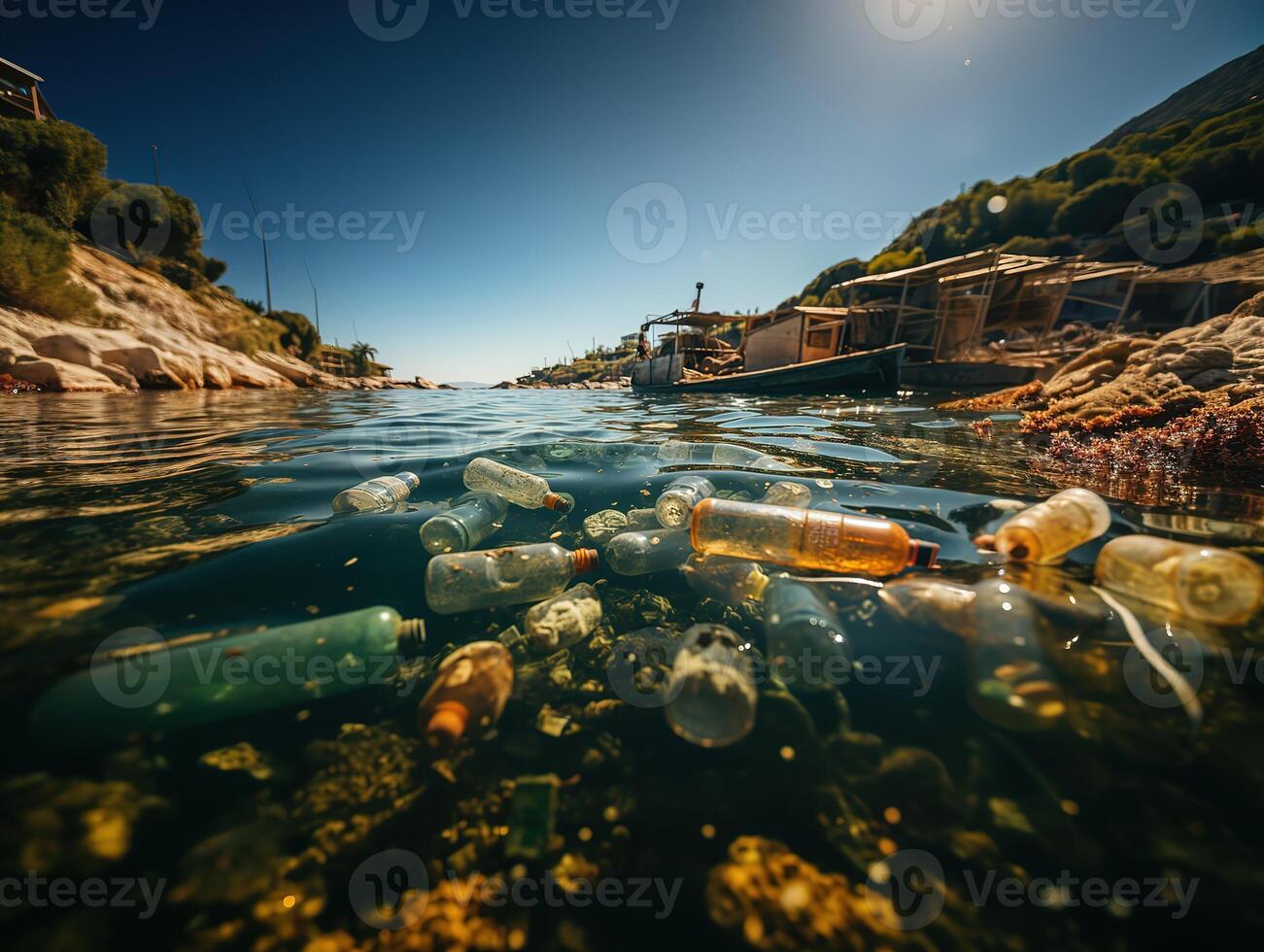 AI generated Environmental pollution water pollution plastic bottles packs Generative AI photo