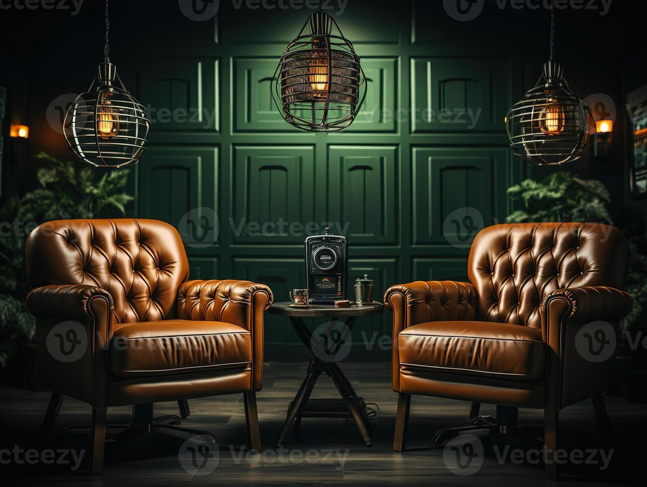 AI generated interior with leather armchairs Generative AI photo