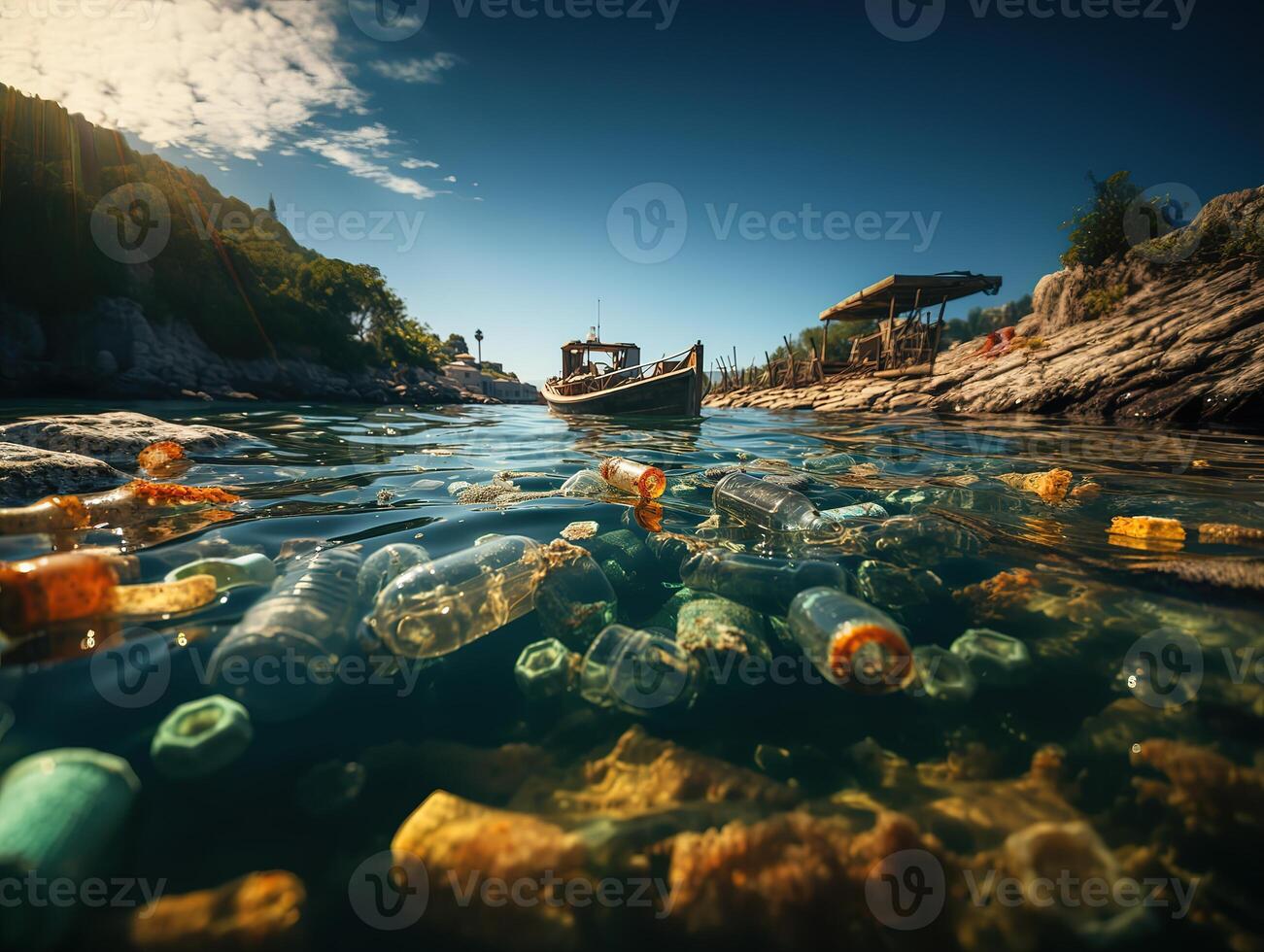 AI generated Environmental pollution water pollution plastic bottles packs Generative AI photo