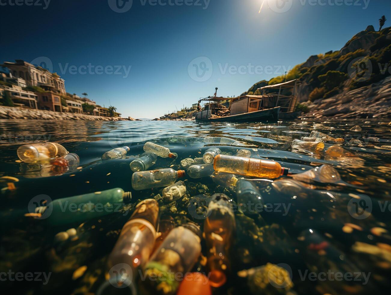 AI generated Environmental pollution water pollution plastic bottles packs Generative AI photo