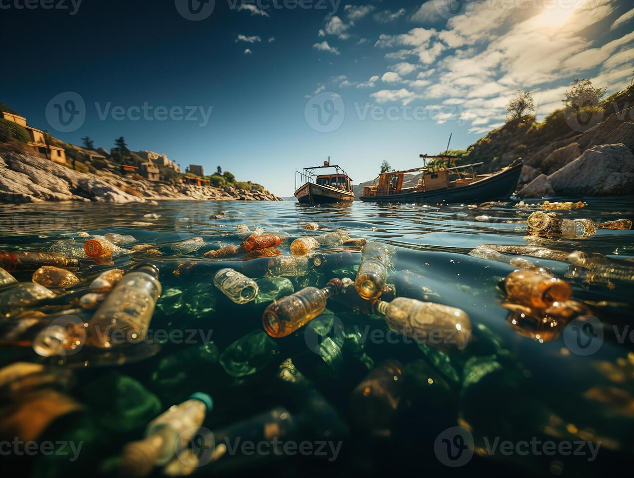 AI generated Environmental pollution water pollution plastic bottles packs Generative AI photo