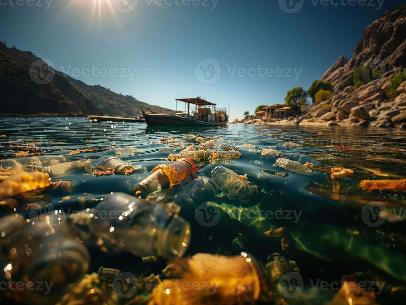 AI generated Environmental pollution water pollution plastic bottles packs Generative AI photo